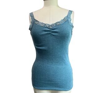 Energie Y2K 90s Blue Lace Trim Embellished Ribbed Fitted Tank Top Sz Large